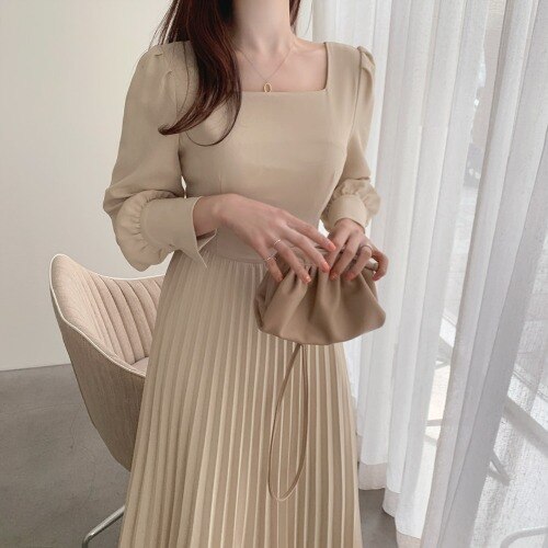 Vintage Korea Chic Pleated Folds Party Dresses for Women Long Sleeve Casual Woman Bodycon Dress Evening Vestidos Autumn 2021 New alx