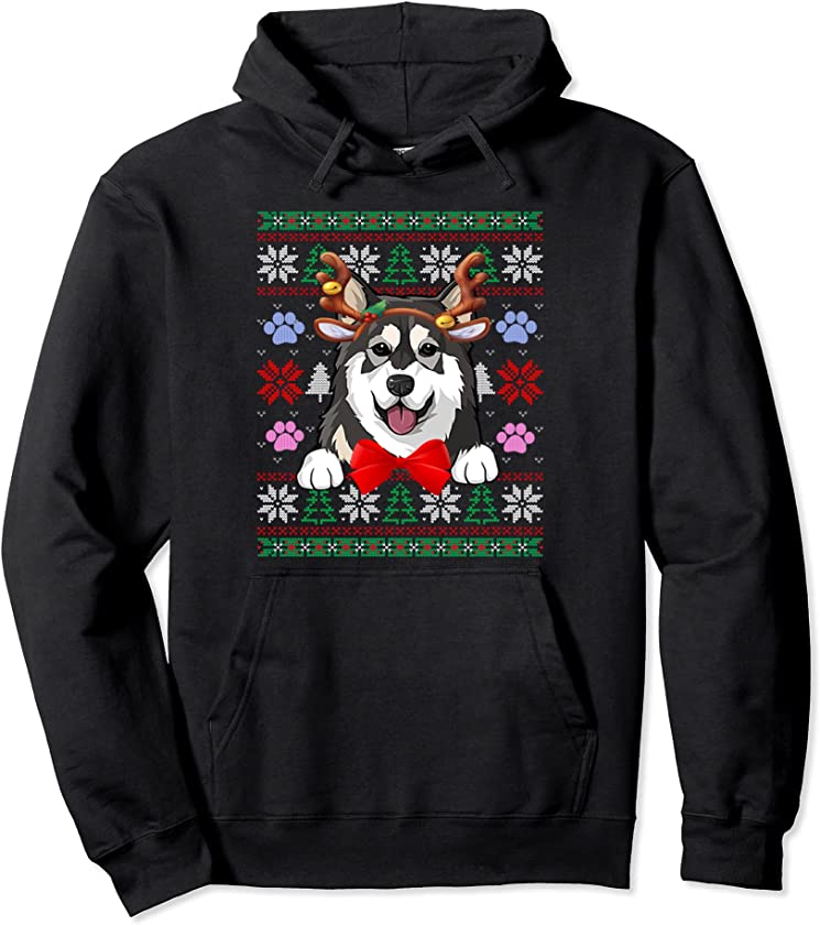 Siberian Husky Dog Reindeer Xmas Day Ugly Christmas Sweater Pullover Hoodie