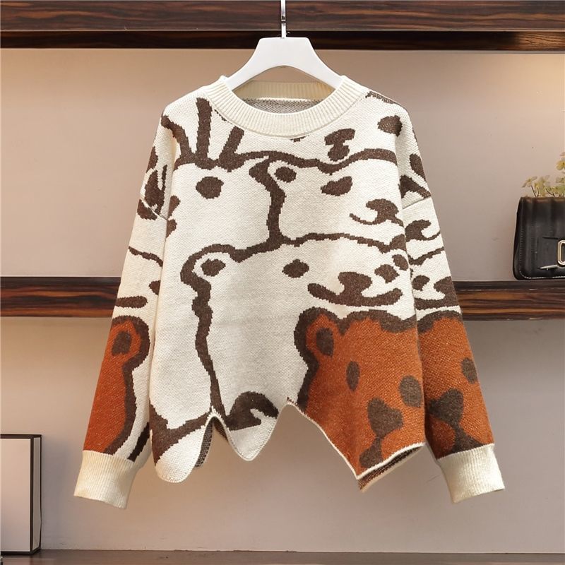 Women’s Sweater Autumn Korean Pullove Cartoon Bear Round Neck Women’s Vest Short Skirt Suit Fashion Winter Sweater alx