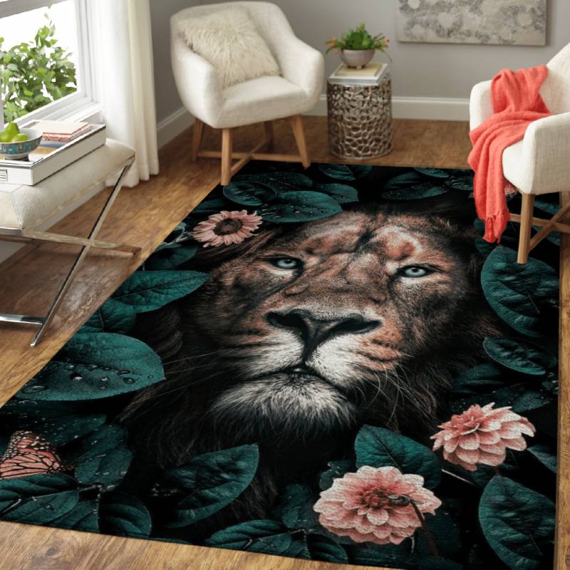 wild lion with flowers   – Animals Wallpapers Area Rug Carpet