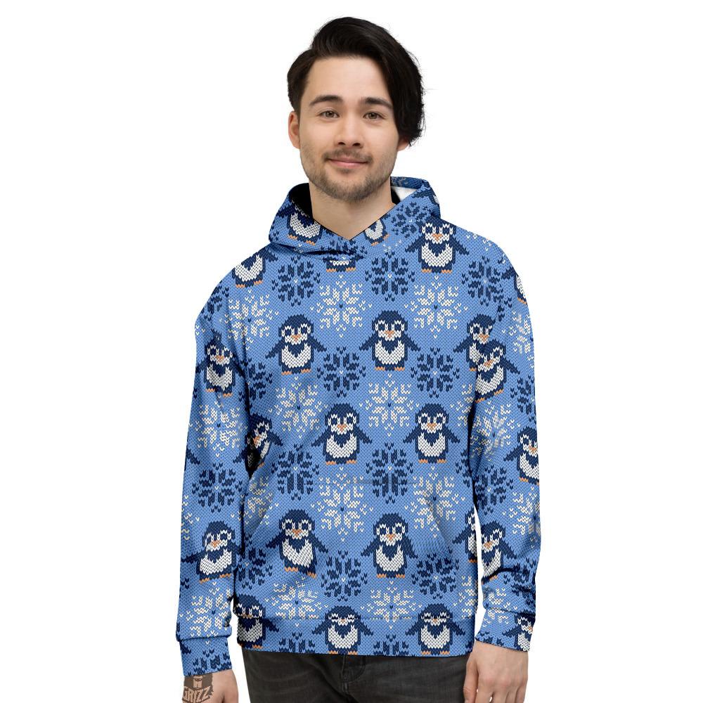 Knitted Snowy Penguin Print Pattern Men’S Hoodie