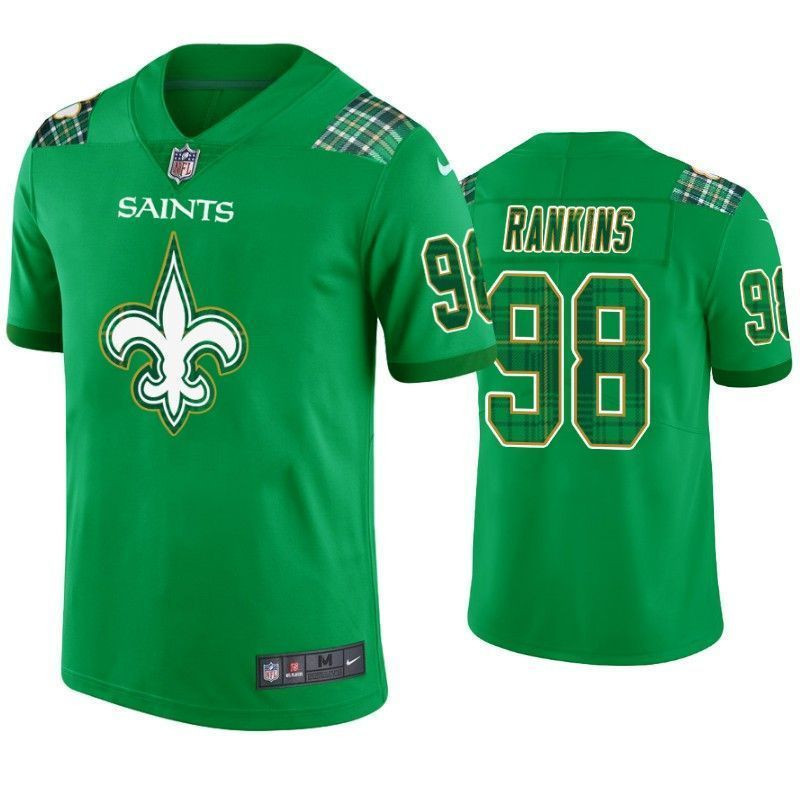 New Orleans Saints 98 Sheldon Rankins St Patricks Day Kelly Green Lucky Men 3D Jersey