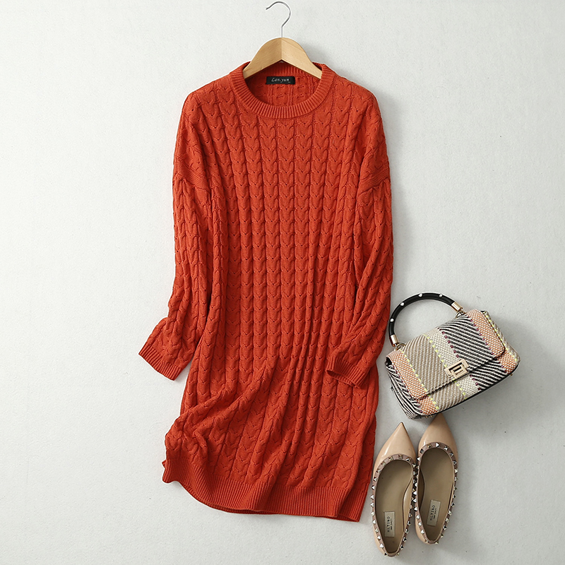 Women’s 85% Silk 15% Cashmere Thick Warm Crew Neck Long Loose Type Pullover cableknit Sweater Dress Top LY004 alx