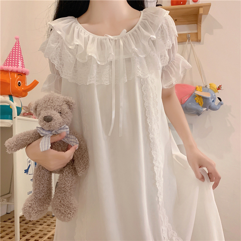 Women Lolita Dress Princess Sleepwear White Lace Mesh Fairy Night Dress Victorian Vintage Nightgown Kawaii Nightdress Loungewear alx