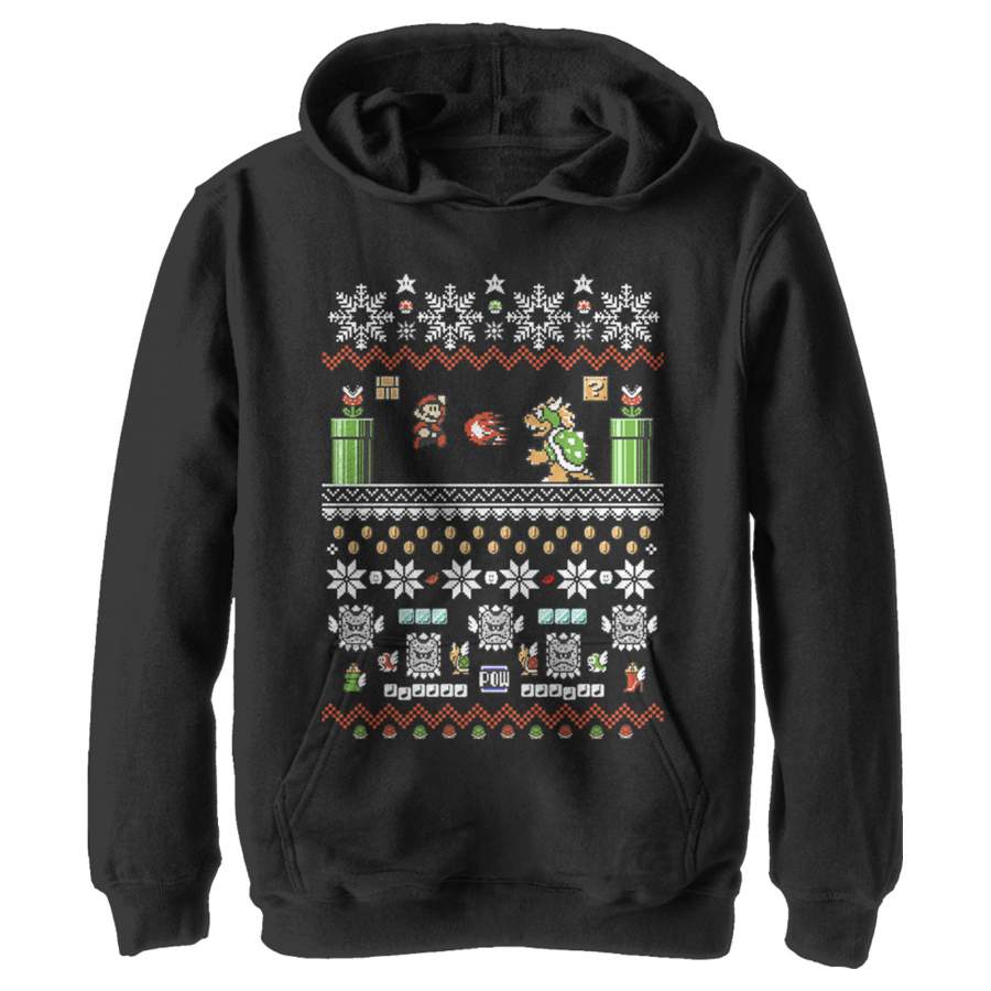 Nintendo Boy’s Ugly Christmas Mario and Bowser  Lightweight Hoodie