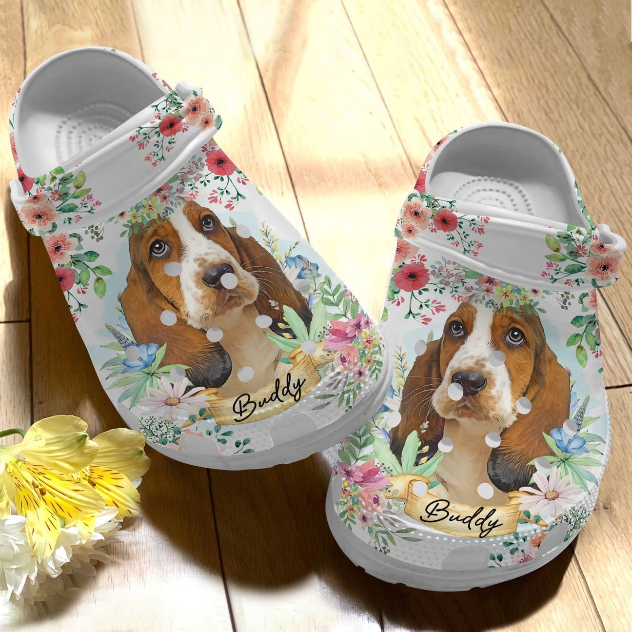 Basset Hound Personalized Clog, Custom Name, Text Floral Basset Hound, Fashion Style For Women, Men, Kid, Print 3D