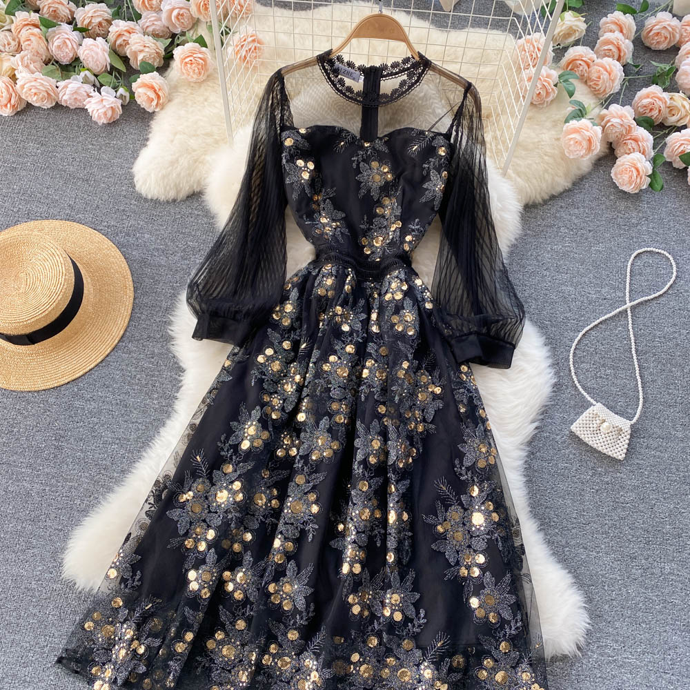 Spring Summer Embroidery Robe Long Dress Women Fashion Mesh Patchwork Vintage Office Dress Elegant Club Evening Party Dresses alx