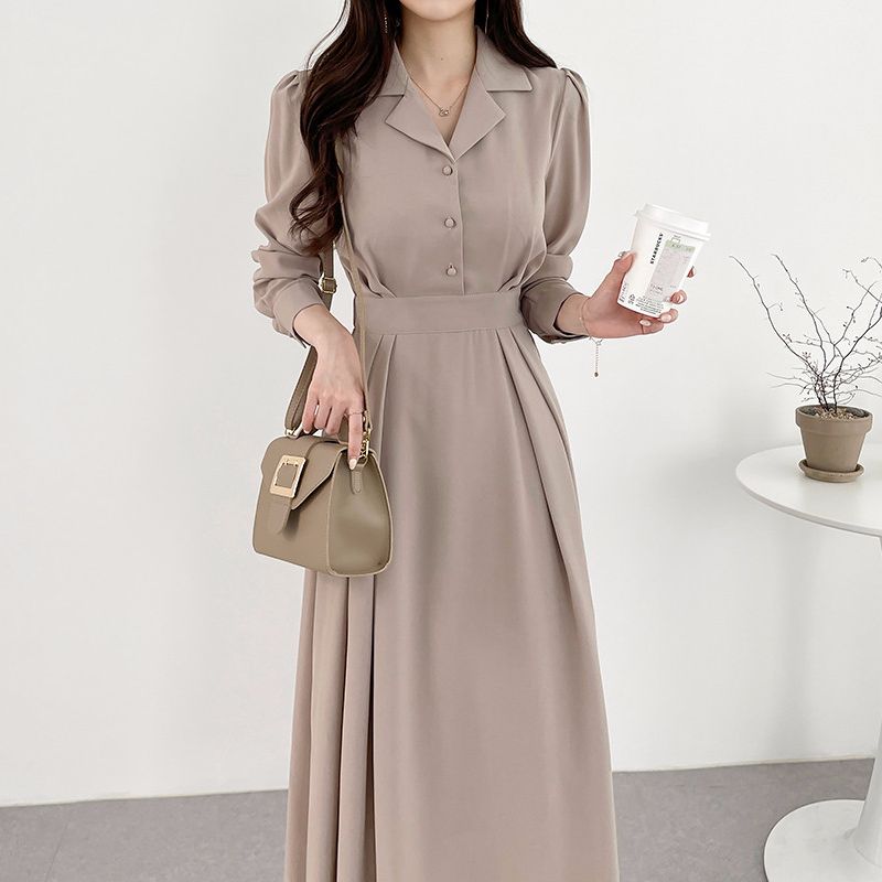 Women’s Spring Summer Elegant A-Line Shirt Dress Long Sleeve Casual Midi Vestidos Femme Fashion Korean Solid Color Clothing alx