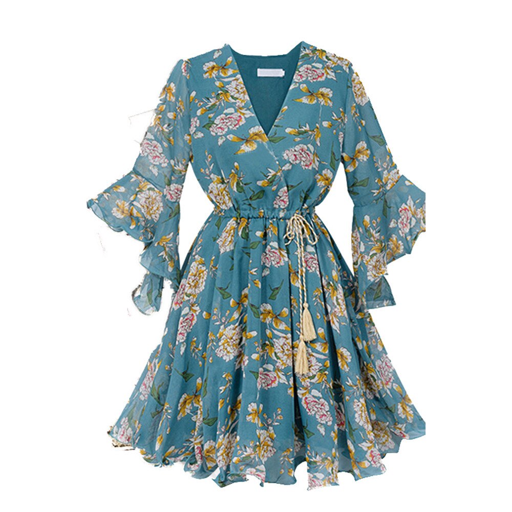 Women Plus Size Floral Print Chiffon Dress V Neck Three Quarter Petal Sleeves Belted Casual Dress Spring Summer Boho Vestidos alx