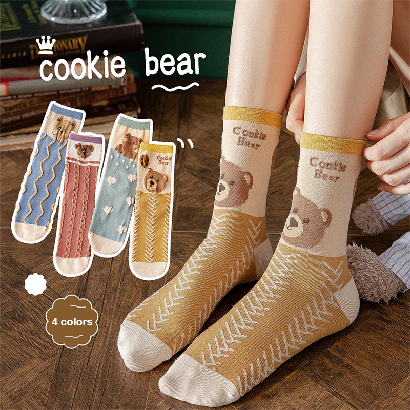 2022 New 4 Pairs Women Cute Socks Harajuku Skateboard Mid Tube Cartoon Girl Bear Sock Female Street Sweat Absorbing Cotton Ladie alx