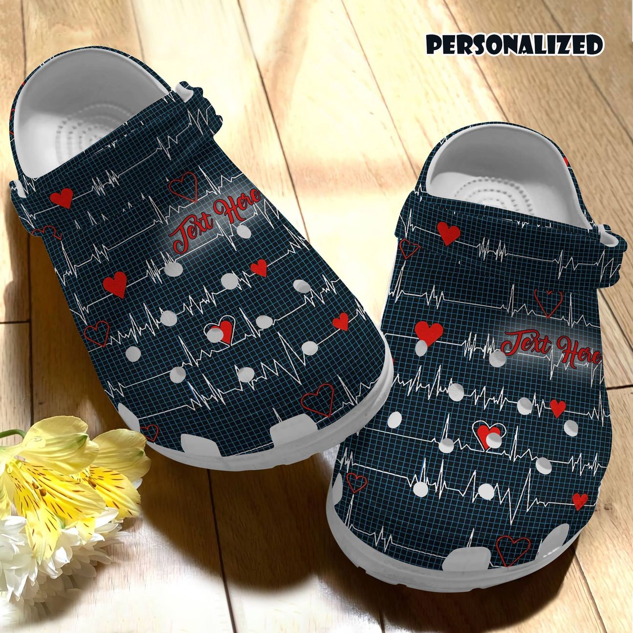 Nurse Personalize Clog, Custom Name, Text, Fashion Style For Women, Men, Kid, Print 3D Heartbeat Navy