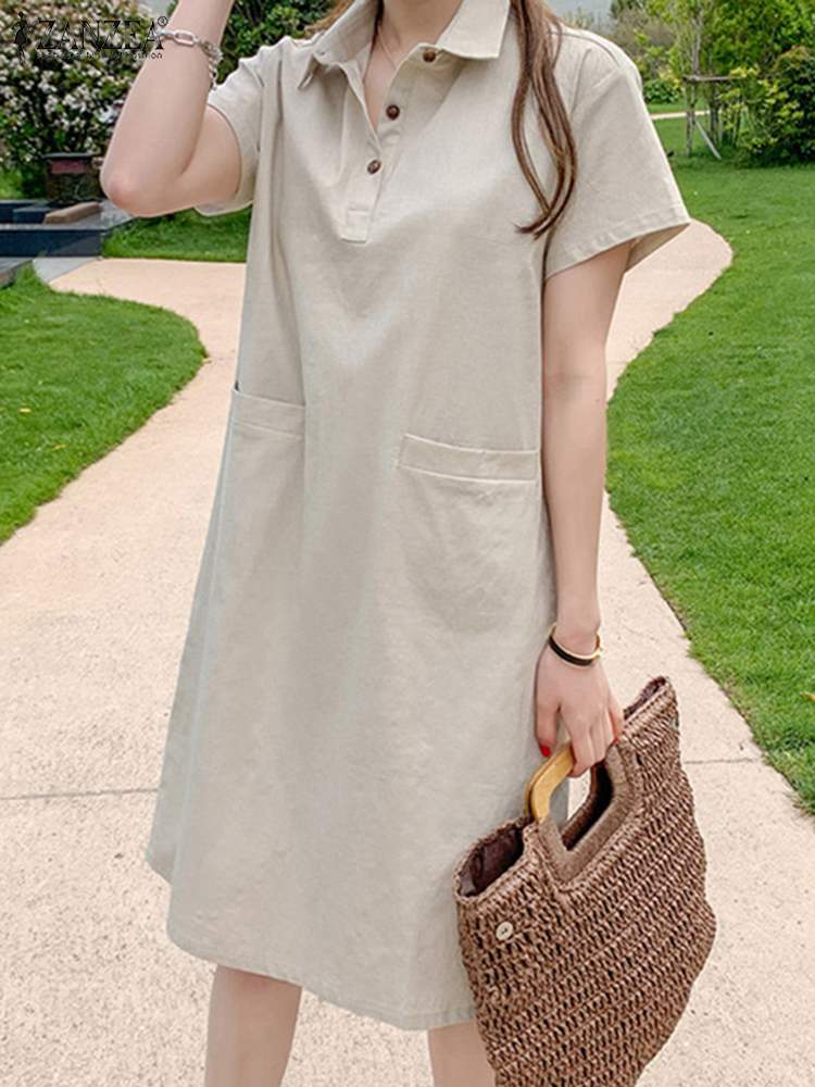 2022 Summer Cotton Solid Vestidos Elegant Dress For Women ZANZEA Vintage Short Sleeve Dresses Casual Office Shirt Robe Oversized alx