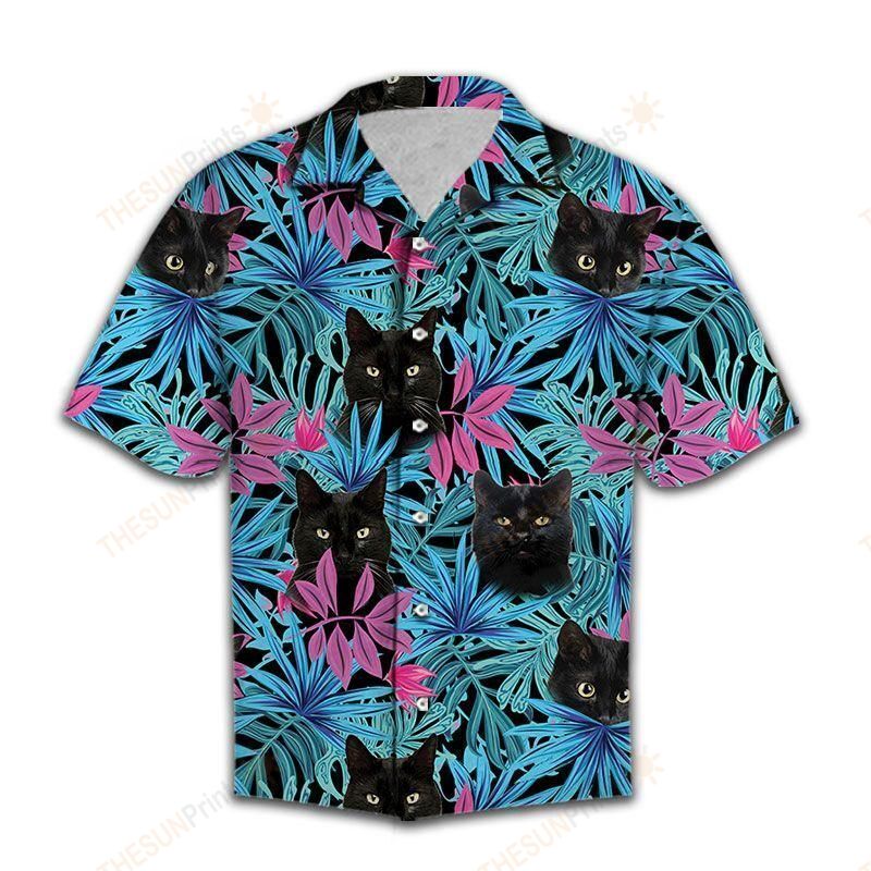 Black Cat Tropical Leaves Hawaiian Shirt Ha55424