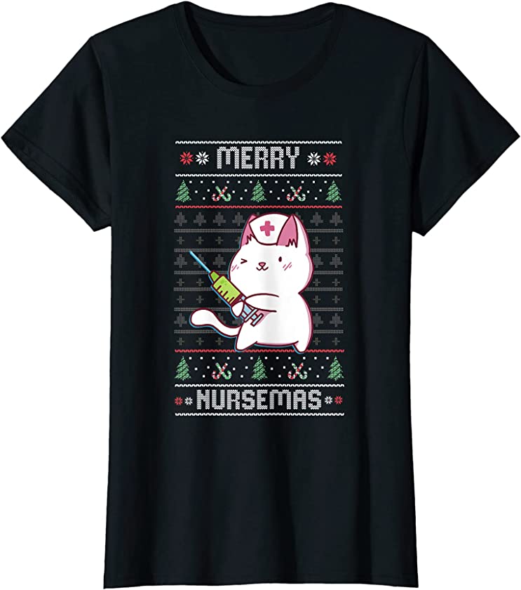 Womens Merry Nursemas – Funny Cat Ugly Christmas T-Shirt