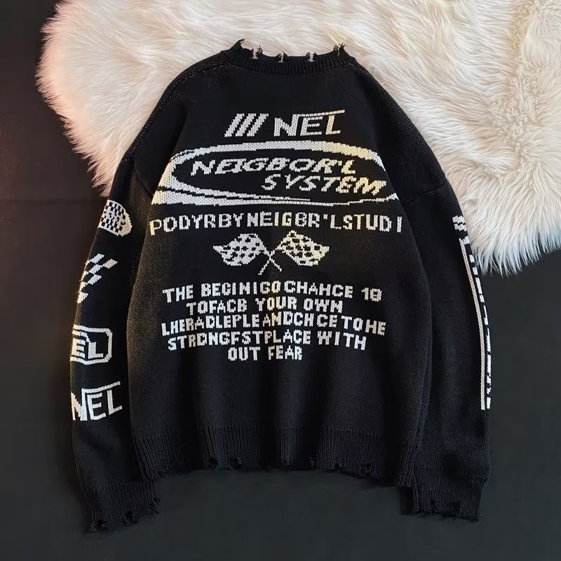 Women Sweater Harajuku Goth Long Sleeve Pullover Winter Jumper Top Knit Korean Fashion Streetwear Ripped Y2k Aesthetic Clothes alx