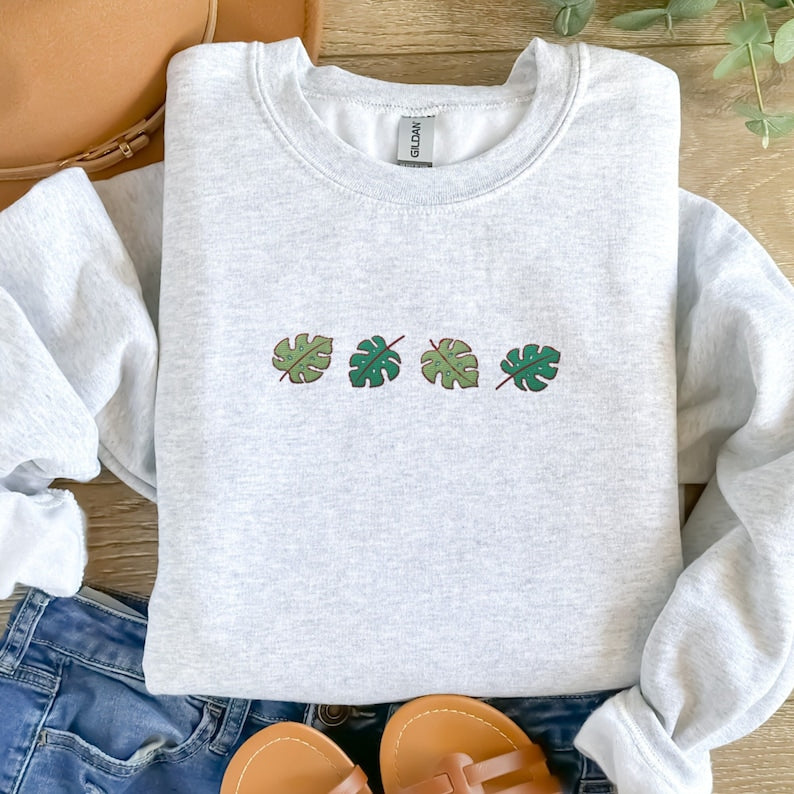 Monstera Leaves Embroidered Sweatshirt
