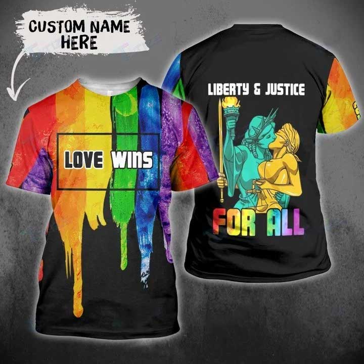 Personalized Rainbow 3D Shirt For Pride Month, Lgbt Love Wins Liberty And Justice For All 3D Tshirt