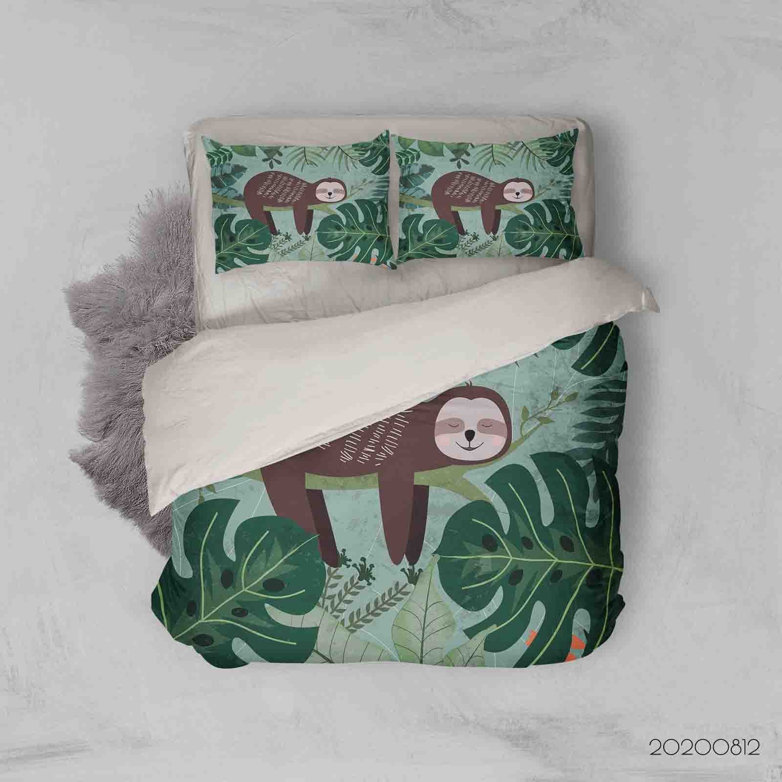 3D Hand Drawn Green Plant Sloth Animal Quilt Cover Set Bedding Set Duvet Cover Pillowcases Lxl