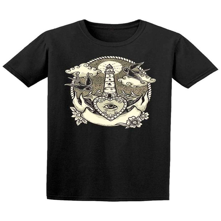 Men’S Cool Fashion Cotton T-Shirt Lighthouse, Sea, Flower, Bird Short Sleeve T-Shirt