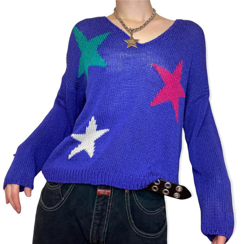 Xingqing y2k Sweater Fairycore Aesthetic Grunge Pentagram Pattern Long Sleeve Tops 2000s Women Hollow Out Knitted Streetwear alx