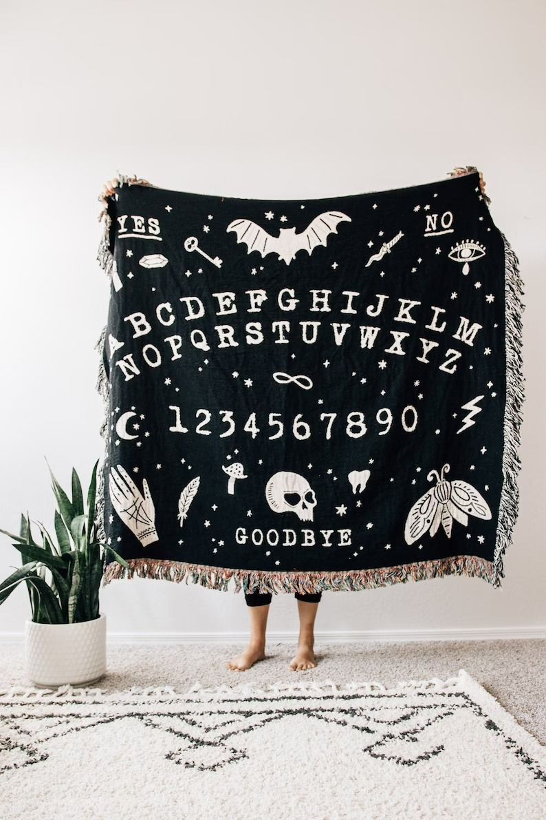 Ouija Board Woven Throw Blanket: Black & Off White, Halloween Goth Occult Creepy Decor, Spirit Board, Witch Decor