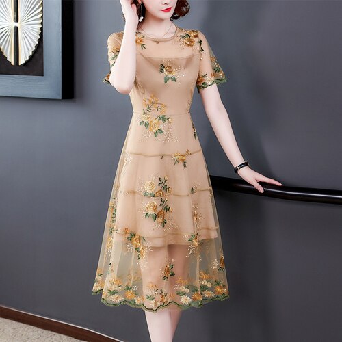 2022 Spring Summer Lace Embroidery Midi Dresses Vintage Mesh Floral Runway Vacation Dresses Elegant Women Bodycon Party Vestidos alx