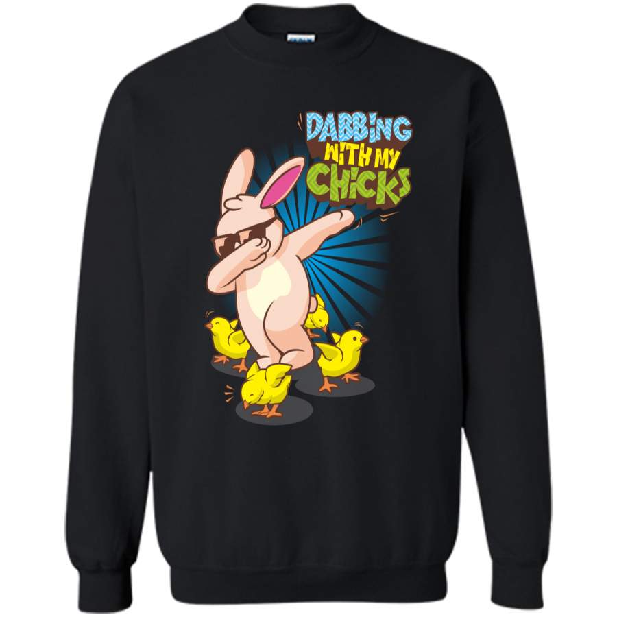 Bunny Rabbit Dabbing with my Chicks T-Shirt Easter Dab Tee Printed Crewneck Pullover Sweatshirt 8 oz