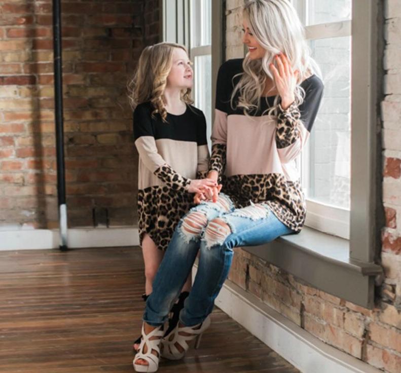 Long Sleeve Leopard Patchwork Tops For Mommy And Me