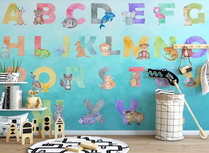 3D Cartoon Colored Alphabet Animal Wall Mural Wallpaper Lqh 289