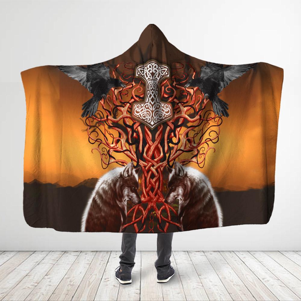 ViticStore™ 3D All Over Printed Viking Mjölnir Wolf And Fire Tree Of Life – Hooded Blanket