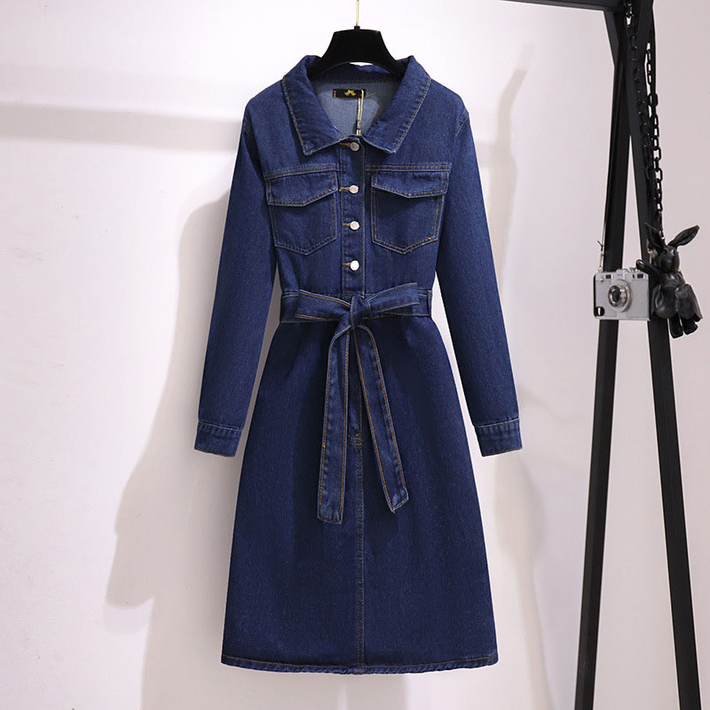 150Kg Plus Size Bust 153cm Women’s Spring Autumn Loose Long-sleeved Temperament Waist Denim Dress Blue 5XL 6XL 7XL 8XL 9XL alx