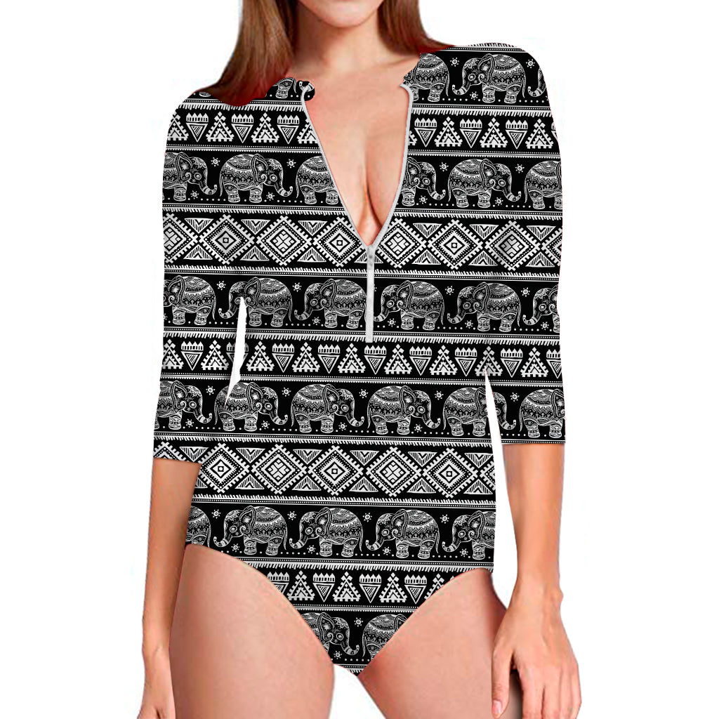 Black And White Indian Elephant Print Long Sleeve One Piece Swimsuit