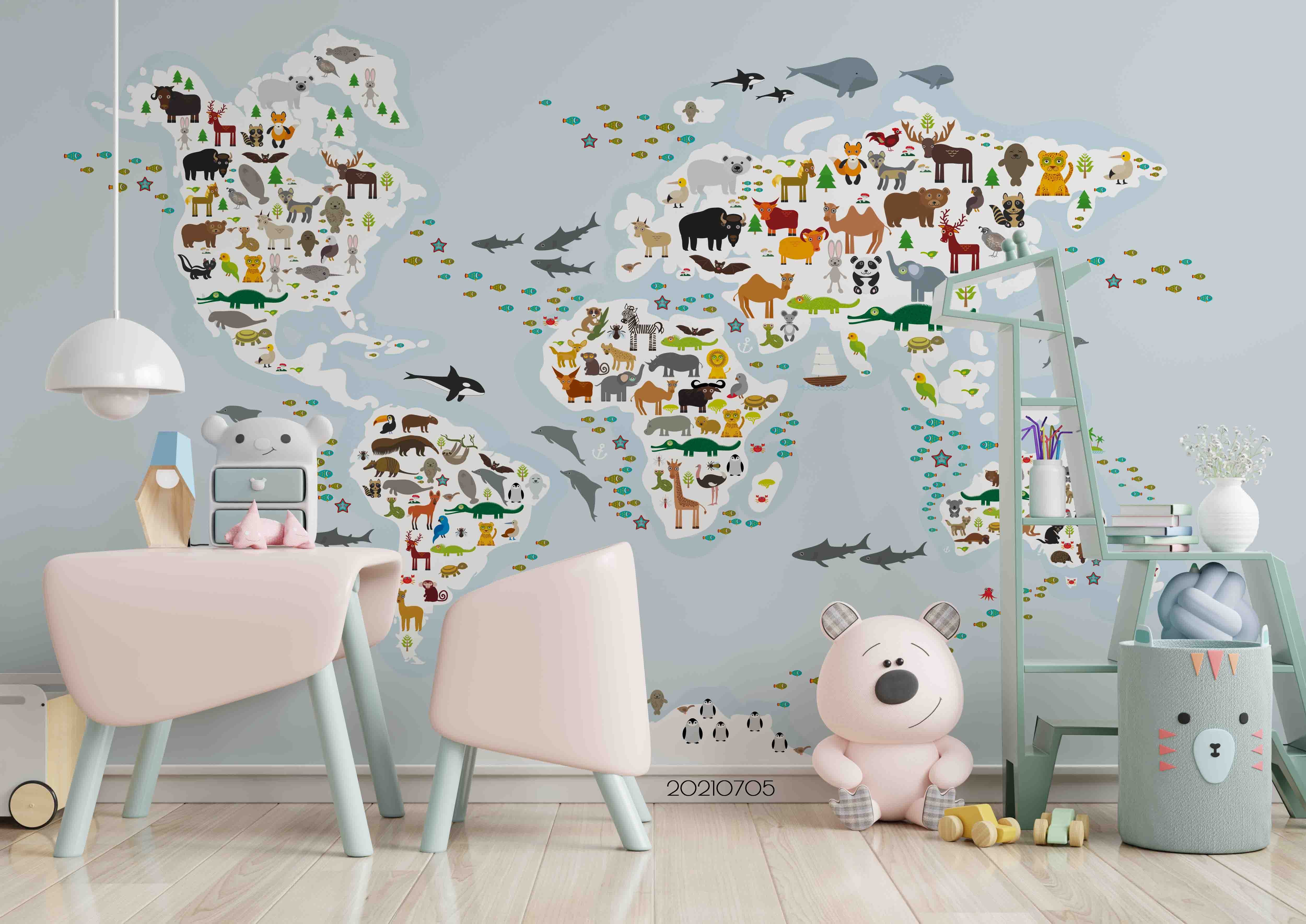 3D Cartoon World Map Animals Wall Mural Wallpaper Lqh 92