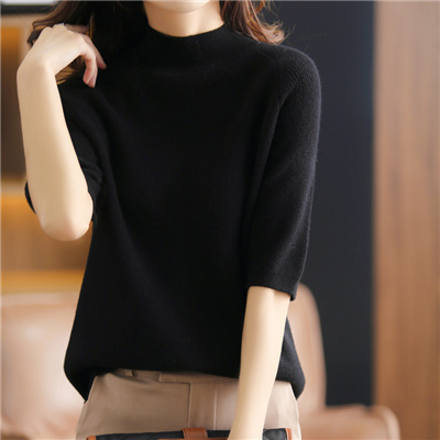 Women’s Cashmere Half-high Collar Five-point Sleeve Knitted T-shirt Spring Autumn New 100% Pure Wool Half-sleeved Sweater Female alx