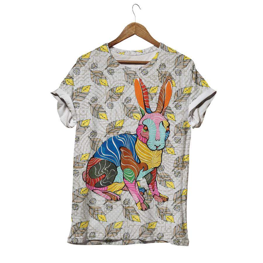 Colorful Rabbit Flying Leaves T-shirt