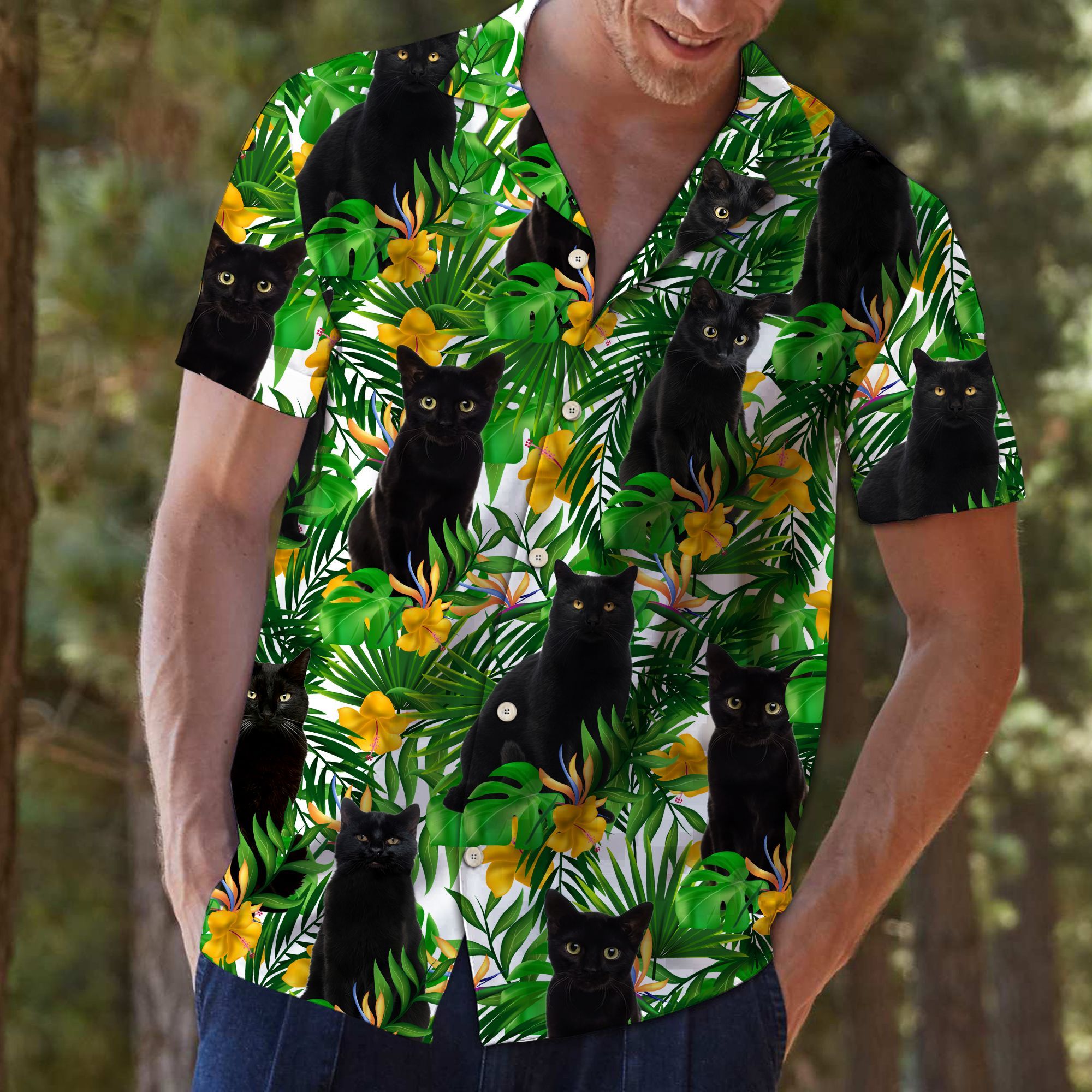 Black Cat Tropical Wild Flowers Hawaiian Shirt For Men, Hawaiian Shirt For Women, Aloha Shirt, Hawaii Shirt