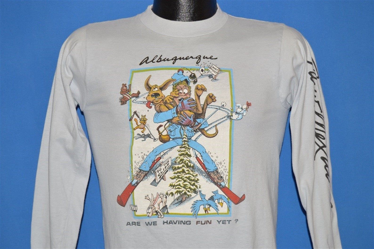 80S Albuquerque Skiing Are We Having Fun Yet Funny Cartoon Tourist T-Shirt