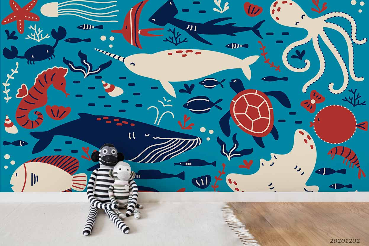 3D Cartoon Hand Drawn Colorful Ocean Octopus Whale Fish Starfish Wall Mural Wallpaper Lxl