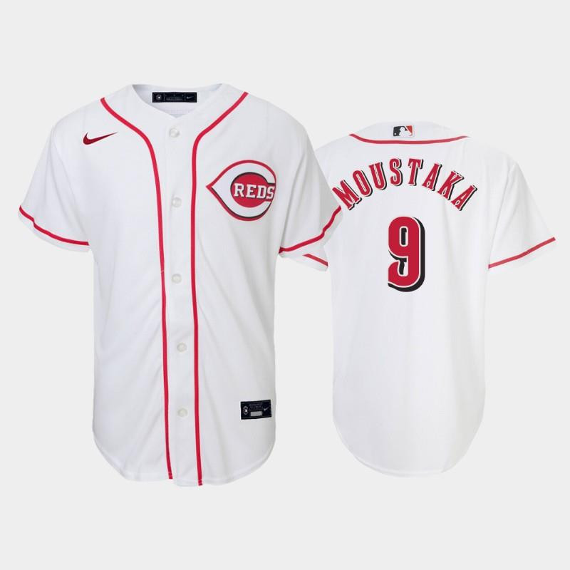 9 Mike Moustakas Youth Reds Home White Jersey