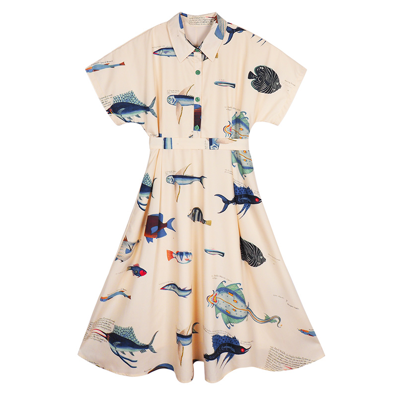 【Biutefou】2022 Original Design Summer Women Long Wonderful Fish Print Dress With Belt alx