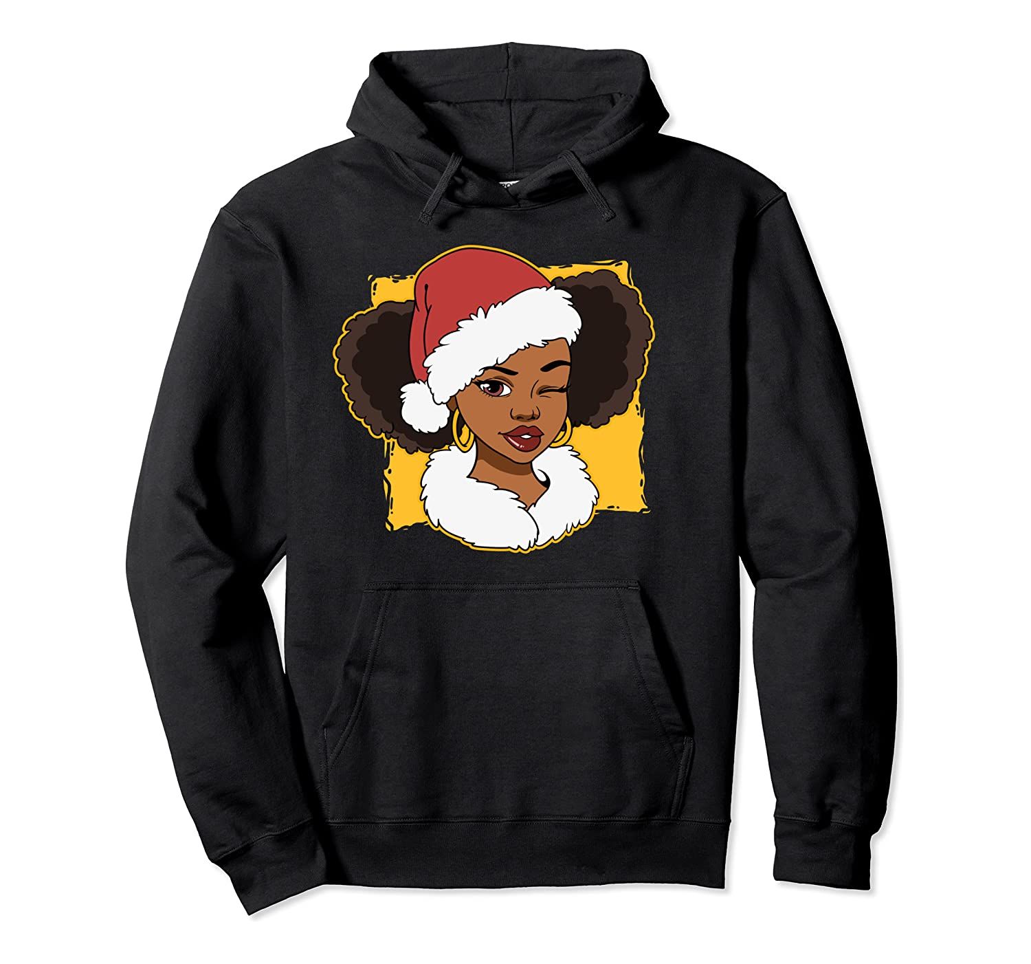 Womens Black African American Santa Black Christmas Afro Pullover Hoodie, T-Shirt, Sweatshirt, Tank Top, Racerback, Dolman