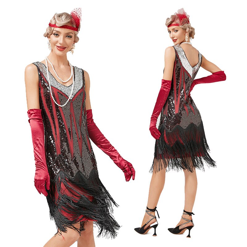 Women V Neck Beaded Fringed Tassels Cocktail Prom Wedding Party 1920s 30S Flapper Dress Size XS-3XL alx