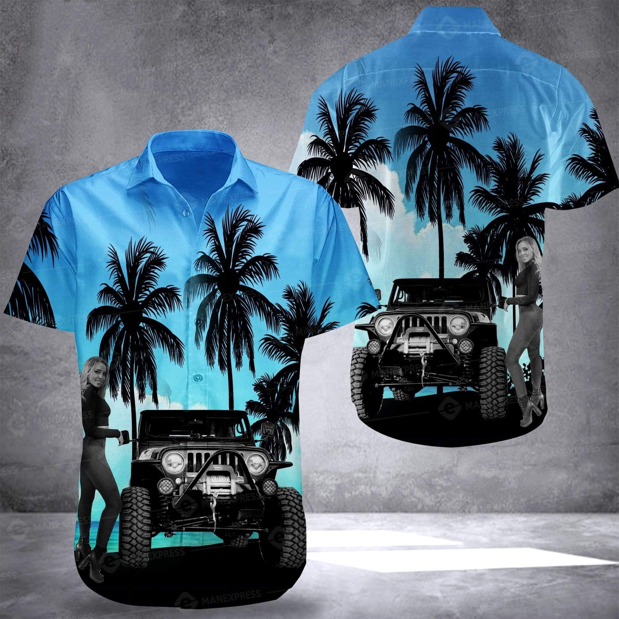 Hawaii Aloha Shirt Made In Jeep Girl Palm Tree Ha47445