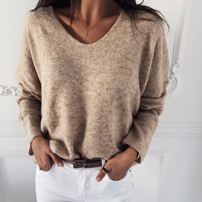 Women Elegant V Neck Knitted Pullover Vintage Long Sleeve Loose Knitted Sweater Casual Solid Wild Jumpers 2020 Knitting Tops alx