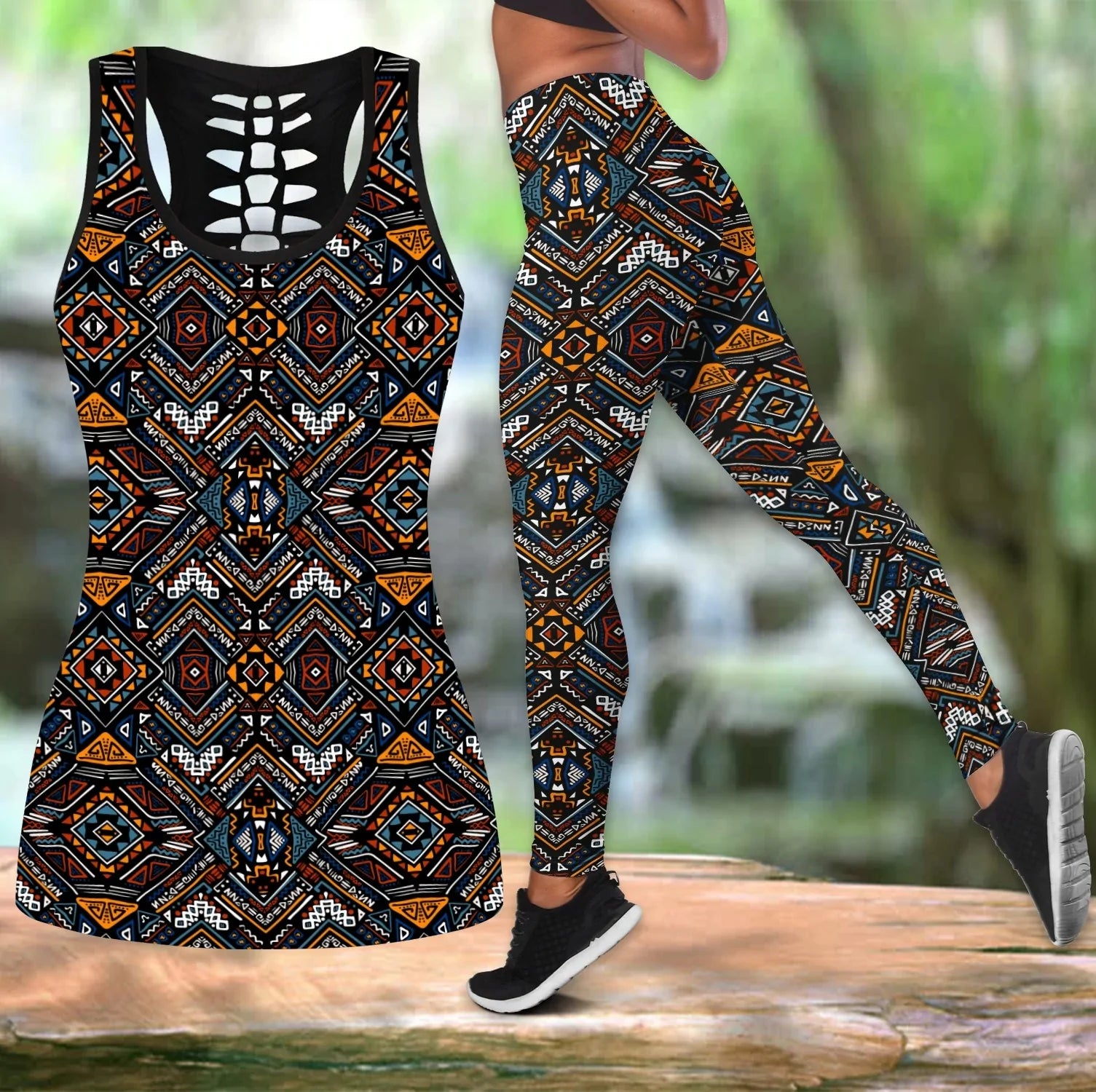 African Dashiki Pattern Legging And Hollow Tank Top, Juneteenth Combo Full Tank Set