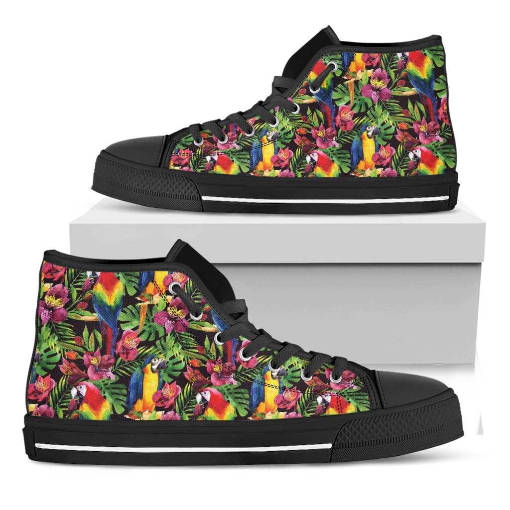 Watercolor Parrot Pattern Print Black High Top Shoes