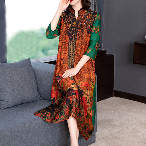 2022 Boho Vintage Print Natural Silk Midi Dresses Summer Loose Casual Dress Elegant Women Bodycon Party Vestidos alx