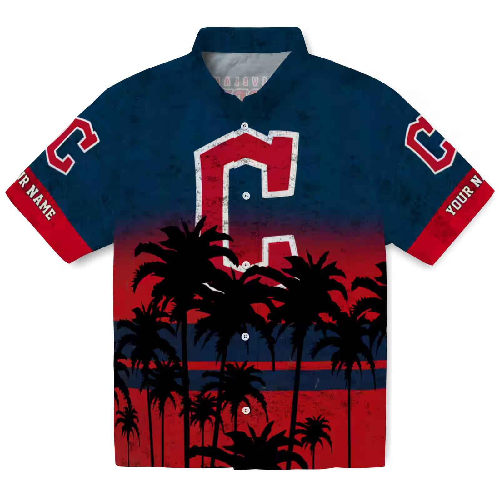 Personalized Cleveland Guardians Sunset Pattern Navy Blue Black Hawaiian Shirt