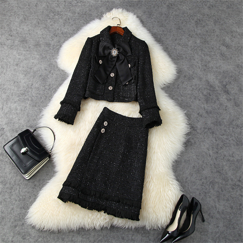 Autumn Winter Fashion Women Runway Dress Set Bowknot Short Tweed Woolen Jacket with Skirt Suit Lady Party Office 2 Piece Outfit alx