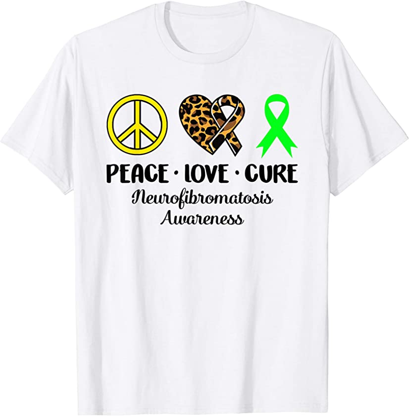 Neurofibromatosis Awareness Peace Love Leopard Heart Ribbon T-Shirt